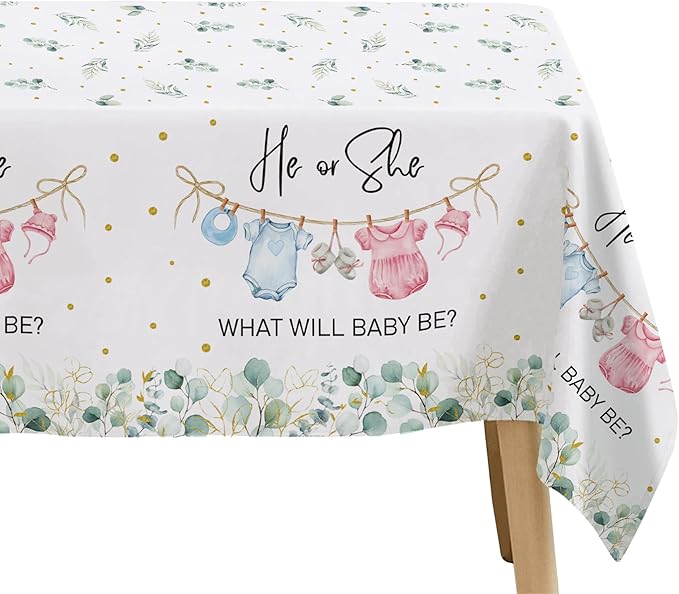 APOWBLS Gender Reveal Decorations Tablecloth, 3 Pack Disposable Greenery Baby Clothes Theme Boy or Girl Gender Reveal Baby Shower Party Supplies Table Cover, 55in x 86in