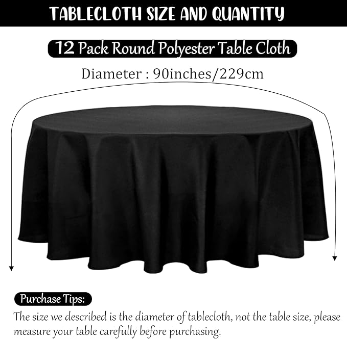 Fivenl 12 Pack Black Round Tablecloth 90 Inch Round Table Covers Bulk Washable Polyester Fabric Round Table Clothes for Wedding Party Reception Banquet Buffet Restaurant (Black, 90 Inch)