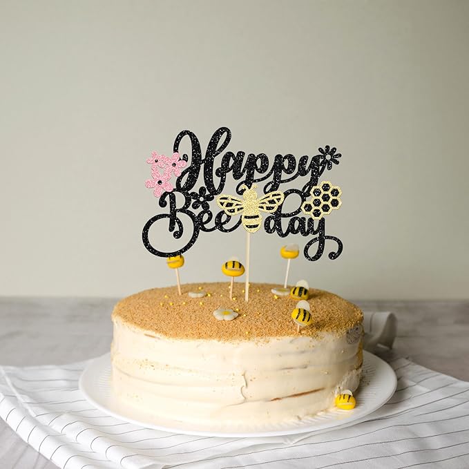 1 Pack Happy Bee Day Cake Topper Glitter Bumble Bee Theme Cake Pick Decorations for Baby Shower Kids Birthday Party Supplies Black