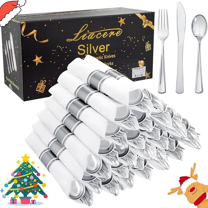 Liacere 100 Pack Silver Plastic Silverware-Pre Wrapped cutlery and Napkin-Pre Rolled Silverware Disposable 100 Forks, 100 Knives 100 Spoons, 100 Napkins Plastic Utensils＆Christmas＆New Year