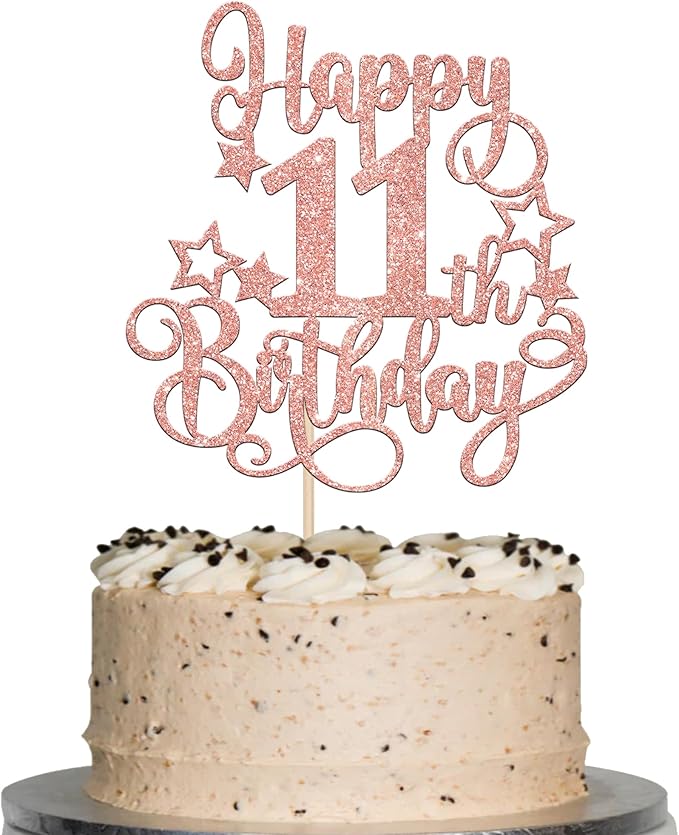 1 PCS Happy 11th Birthday Cake Topper Glitter Cheers to 11 Years Birthday Cake Pick Hello 11 Fabulous Cake Decoration for Happy 11th Birthday Anniversary Party Decorations Supplies Rose Gold