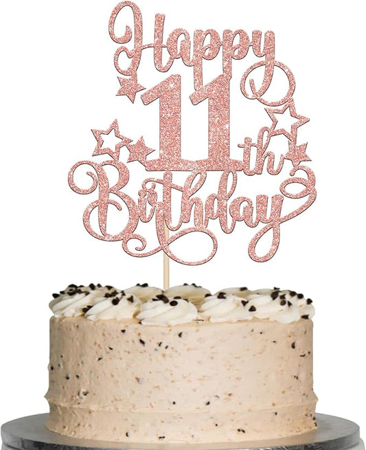 1 PCS Happy 11th Birthday Cake Topper Glitter Cheers to 11 Years Birthday Cake Pick Hello 11 Fabulous Cake Decoration for Happy 11th Birthday Anniversary Party Decorations Supplies Rose Gold