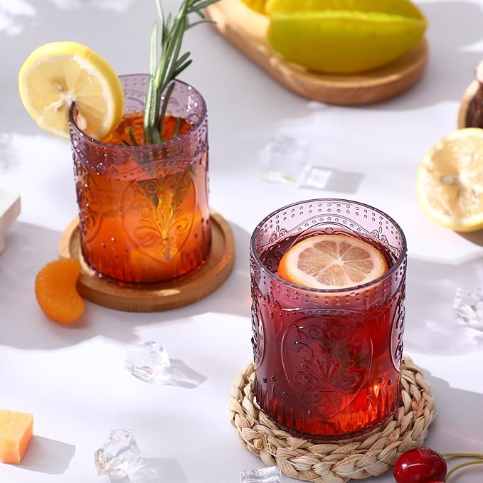 24 Plastic Vintage Drinking Glasses 8.5oz Stemless Retro Embossed Wine Glasses Shatterproof Reusable Cups for Baby Shower Wedding Reception Grand Event Party (Purple)