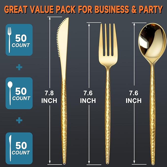 SUT 150 PCS Gold Plastic Silverware, Gold Disponsable Utensils, Plastic Silverware Heavy Duty, Includes 50 Knives, Forks and Spoons, Hammered Disponsable Cutlery for Wedding, Birthday, Party