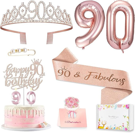 90th Birthday Decorations Gifts for Women, Including 90 year old Birthday Cake Topper, Queen Sash with Pearl Pin, Sweet Rhinestone Tiara Crown, Number Candles and Balloons Set, Rose Gold