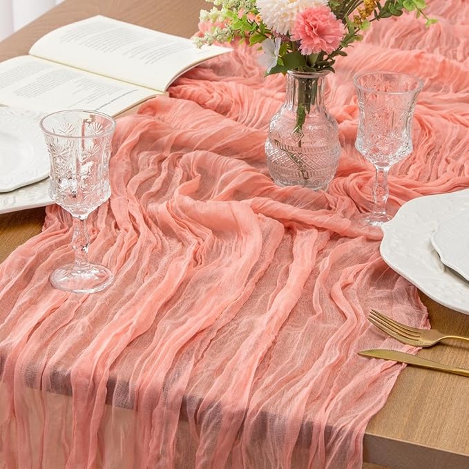 FEXIA Pink Cheesecloth Table Runner Spring Easter Table Runner 35x120 Inches for Mother's Day Bridal Shower Tea Party Spring Baby Shower Decor Table Centerpiece Decorations