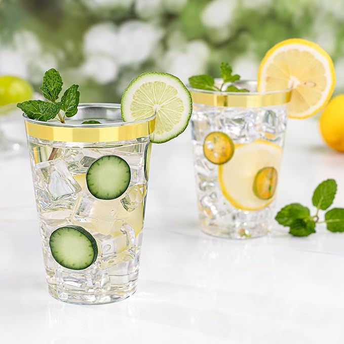 BESTVIP 12oz Gold Plastic Cups, 100 Pack Gold Rimmed Disposable Cups, Heavy-duty Party Cocktail Glasses, Plastic Cups for Party, Holiday, Christmas, Wedding and Birthday