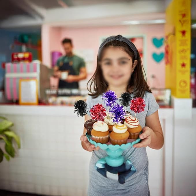 Gyufise 30Pcs Foil Firework Cupcake Toppers Sparkle Tinsel Cake Toppers Tinsel Drink Cake Decoration Cocktail Picks for Halloween Birthday Wedding Graduation Party Supplies Purple Black Red