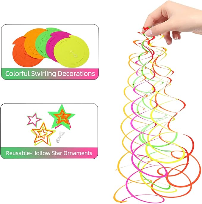 54 Pieces UV Hanging Swirl Paper Star Garlands Neon Streamers Glow Party Supplies and Decorations Black Light UV Reactive for Dark Glow Wedding Birthday Party Favors