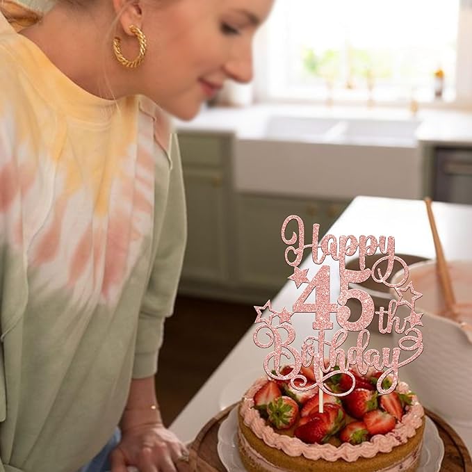 1 PCS Happy 45th Birthday Cake Topper Glitter Cheers to 45 Years Birthday Cake Pick Hello 45 Fabulous Cake Decoration for Happy 45th Birthday Anniversary Party Decorations Supplies Rose Gold