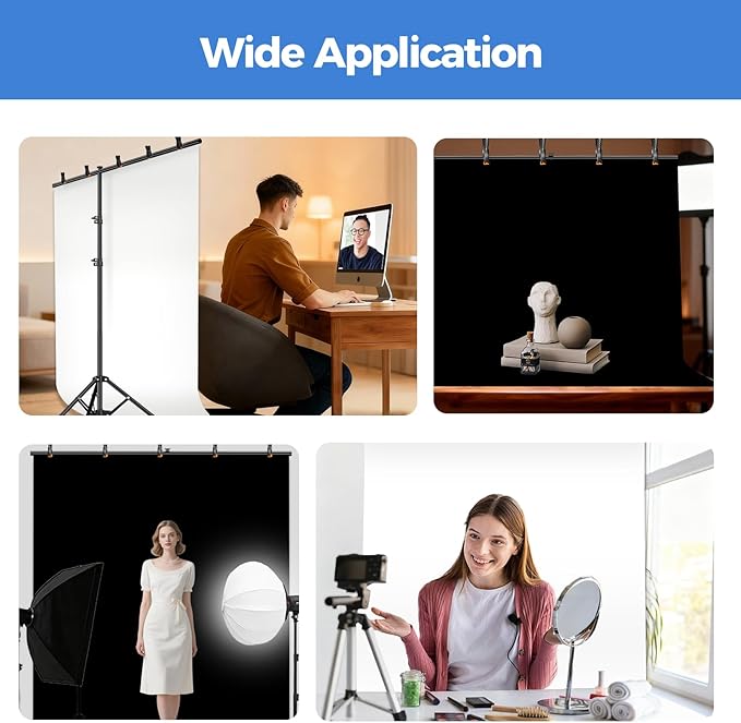 EMART Photo Backdrop with Stand Kit 6.5x5ft, Photography Black and White 2-in-1 Revisible Background Screen with Portable T-Shape Support and 5 Clamps for Video Recording Meeting Self Tape