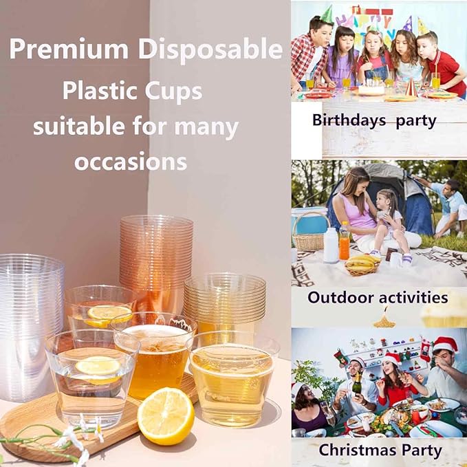 9 oz Clear Plastic Cups, 50 Pack Disposable Plastic Drinking Glasses, Fancy and Reusable, Hard Tumblers Party Cups for Weddings, Thanksgiving, Christmas,Bithday,Halloween etc.