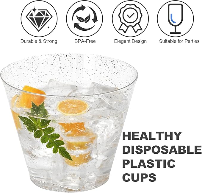 I00000 9oz 200 Pack Silver Plastic Cups, 9 Ounce Plastic Wine Cups with Silver Glitter Design, Fancy Wedding Cup, Cocktail Disposable Cup, Perfect for Parties, Wedding and Festival Events