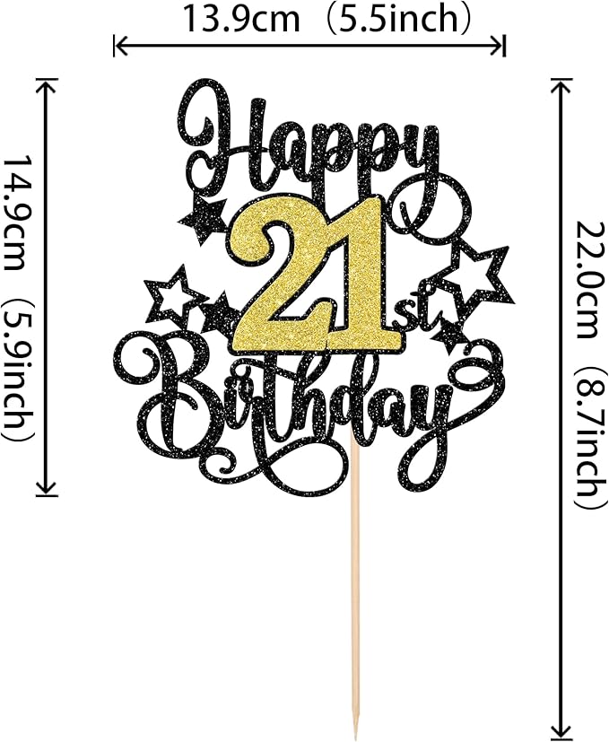 1 PCS Happy 21st Birthday Cake Topper Black Gold Glitter Cheers to 21 Years Birthday Cake Pick Hello 21 Fabulous Cake Decoration for Happy 21st Birthday Anniversary Party Decorations Supplies