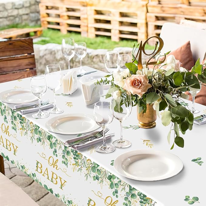 3 Packs Sage Green Tablecloth - Eucalyptus Leaf Table Baby Shower Sage Green Decorations - Oh Baby Baby Shower Decorations - 54 x 108 Inch