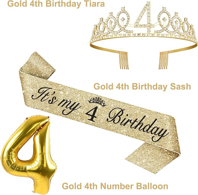 4th Birthday Decorations for Girl with 4th Birthday Sash and Crown, Candle and Cake Topper, Number Balloon, 4 Year Old Girl Gifts