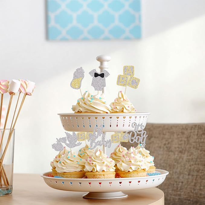 24Pcs Oh Baby Boy Cupcake Toppers Silver Glitter Onesie Bottle Swan Baby Shower Boy Cupcake Picks Gender Reveal Theme Baby Shower Boys Birthday Party Cake Decorations