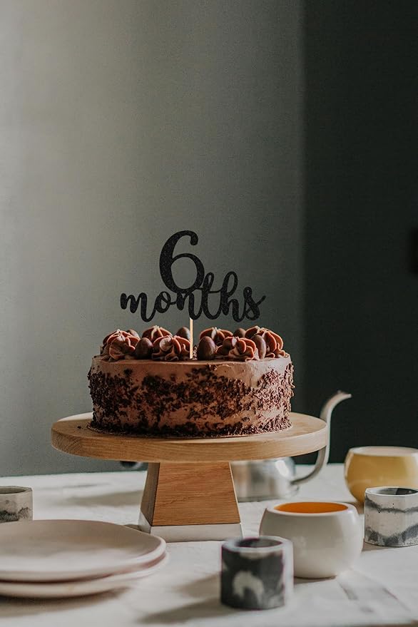 6 Months Cake Topper - Golden Glitter 1/2 Birthday Cake Decorations, Perfect for Baby Shower/Gender Reveal Party/Baby Party Photo Booth Props (Black)