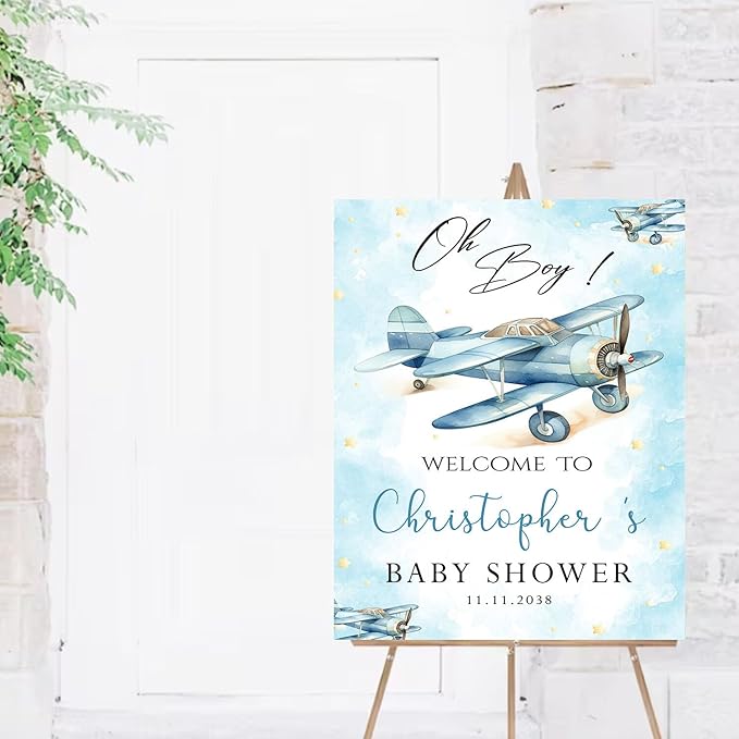 Editable Baby Shower Welcome Sign, Oh Boy Baby Shower Decorations For Boy, Airplane And Star Baby Shower Sign Decorations, Blue And White Baby Shower Theme, Luxury Baby Shower Welcome Sign