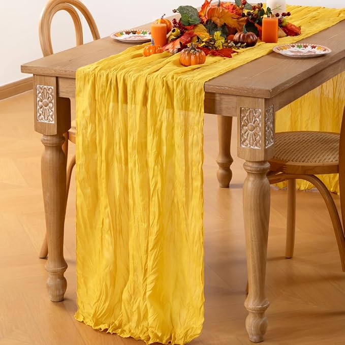 MLMC Gold Table Runner Rustic Winter Cheesecloth Table Runner 10ft Gauze Cheese Cloth Table Decoration 35x120 Inches for Wedding Picinc Party Family Gatherings Christmas Home Decor