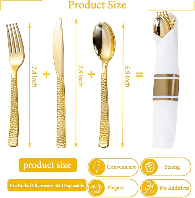 WELLIFE 300PCS Gold Plastic Cutlery,Pre Rolled Silverware Set Disposable,Gold Disposable Utensils,Includes: 75 Forks, 75 Knives, 75 Spoons, 75 Napkins, Christmas Silverware