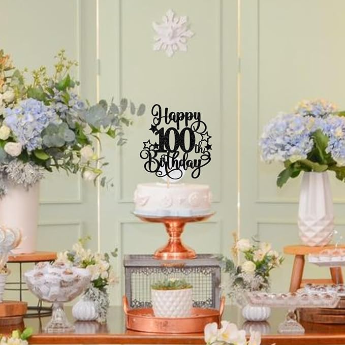 1 PCS Happy 100th Birthday Cake Topper - Glitter Cheers to 100 Years Cake Pick - Hello 100 Fabulous Cake Decoration for Anniversary Party Supplies - Black