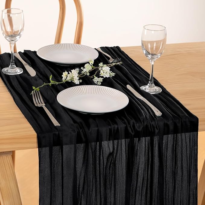 MLMC 3 Pack Black Table Runner 10ft Rustic Gauze Cheesecloth Table Runner 35x120 Inches Cheese Cloth Centerpiece for Wedding Party Bridal Shower Anniversary Events Gothic Decor