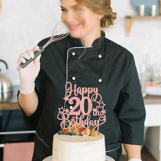 1 PCS Happy 20th Birthday Cake Topper Glitter Cheers to 20 Years Birthday Cake Pick Hello 20 Fabulous Cake Decoration for Happy 20th Birthday Anniversary Party Decorations Supplies Rose Gold