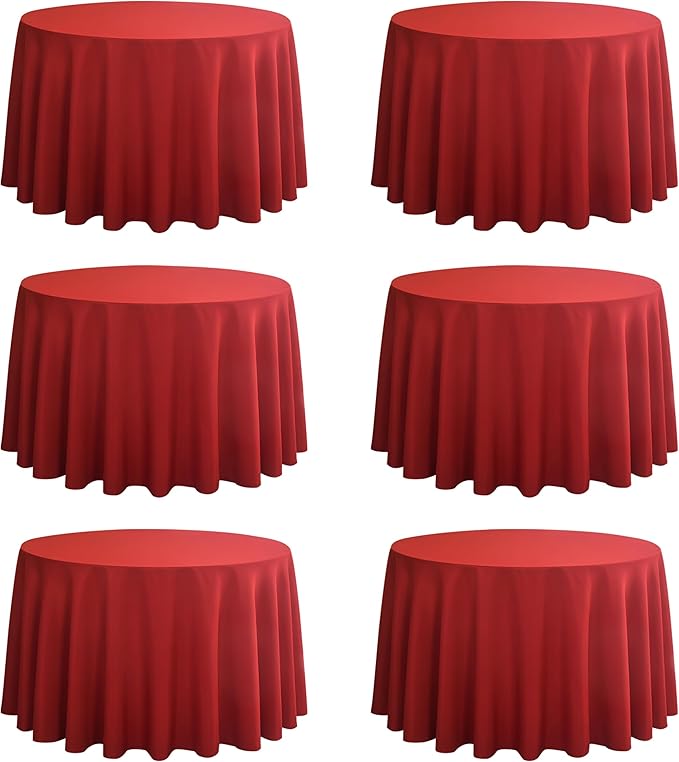 6-Pack Round 90-inch Red Table Cloths, Solid Stain and Wrinkle Resistant Circular Tablecloth, Premium Plain Weave Polyester Fabric Table Linen Covers for Hotel, Banquet