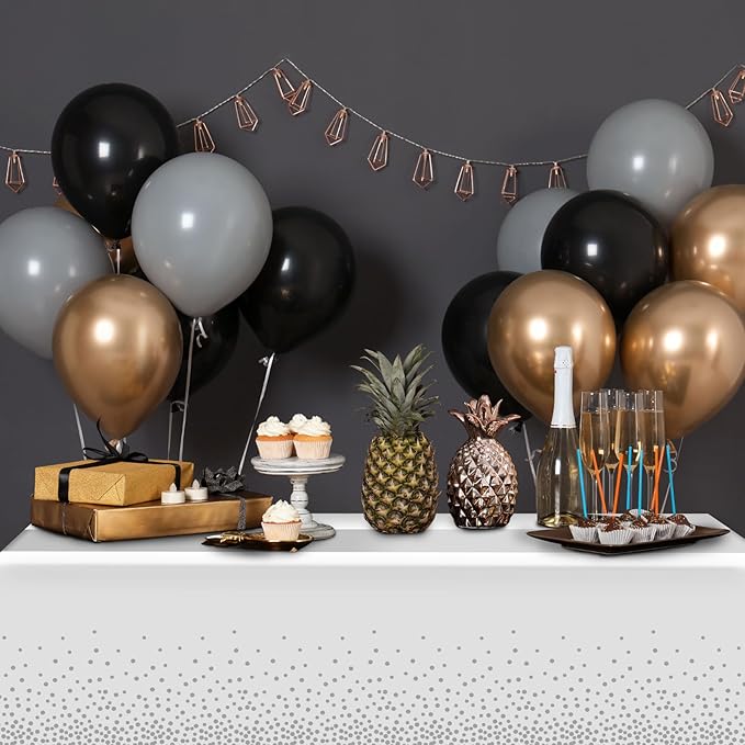 3Pcs White and Silver Tablecloth Party Decorations,Plastic White Table Cloth Printed Silver Runner Disposable Rectangle Table Cover for Birthday Wedding Anniversary Graduation Party,54 x108 Inch