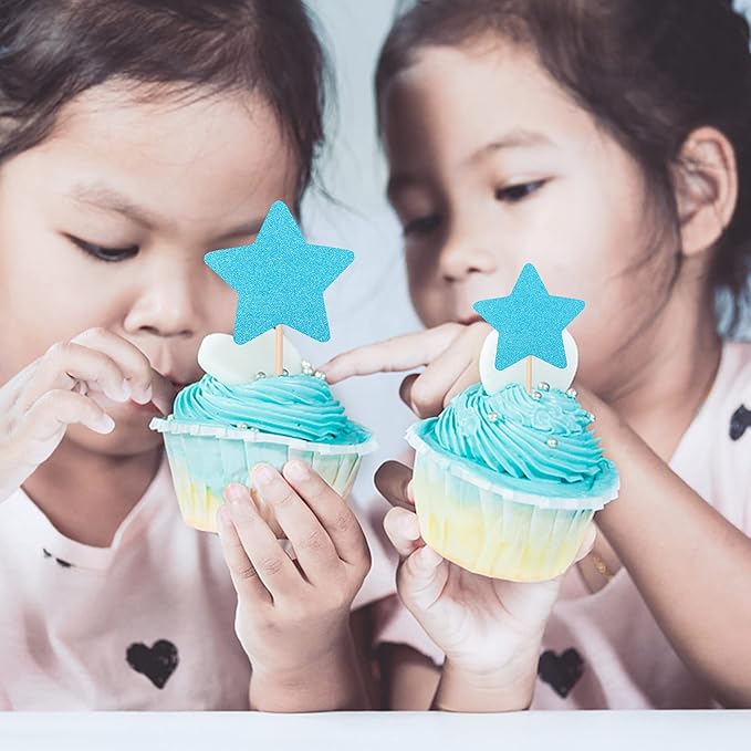 30 PCS Star Cupcake Toppers Glitter Mixed Size Twinkle Little Star Cake Picks Decorations for Wedding Engagement Baby Shower Birthday Party Supplies Blue