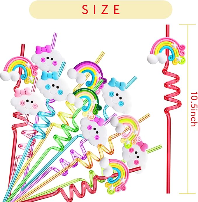 Rainbow Birthday Party Supplies Drinking Plastic Straws 24 for Kids Girls Boys Rainbow Cloud Party Favors Decorations with 2 Cleaning Brushes - Set of 26 (8 Styles)
