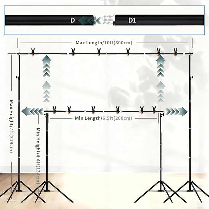 Backdrop Stand, 7x10ft(2.1x3m) Photo Studio Adjustable Background Stand Support Kit with 5 Crossbars, 6 Backdrop Clamps and and Carrying Bag for Photo Video Shooting, Parties, Wedding