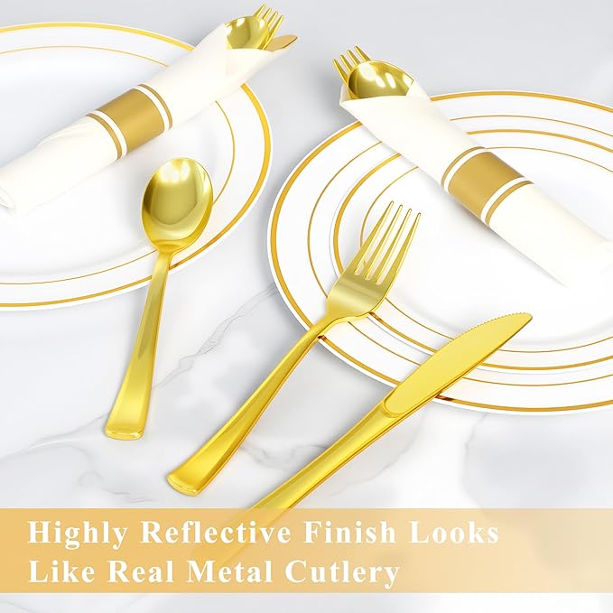 100 Pack Pre Rolled Gold Plastic Silverware Set,Wrapped Plastic Cutlery Set with Napkin Include 100 Forks,100 Spoons,100 Knives and 100 White Napkins for Party, Wedding,showers, Christmas