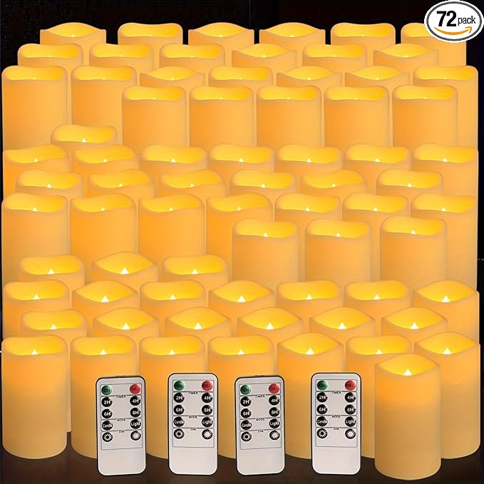 72Pack Flameless Candles with Remote,LED Cancle 3 sizes (H4" 5 ", 6 "x D 2.2") with 24Hours timer, -Waterproof Battery Operated- LED Candle for home decor, wedding party Christmas decoration candles