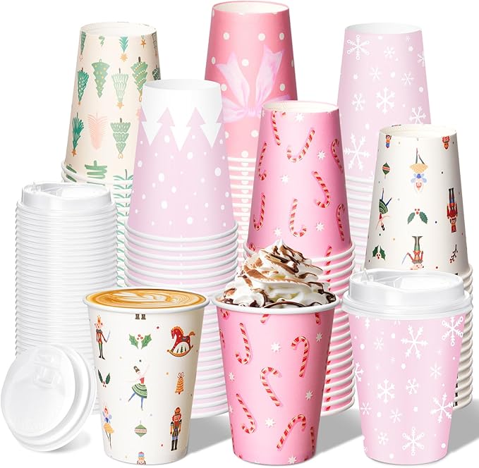 Yungyan 60 Sets Christmas Disposable Coffee Cups with Lids 12 oz Pink Xmas Paper Cups Hot Cocoa To-go Coffee Mug for Hot Cold Drinks Chocolate Tea Beverage Christmas Party Supplies