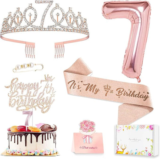 7th Birthday Decorations for Girls, Including 7 year old Birthday Cake Topper, Queen Sash with Pearl Pin, Sweet Rhinestone Tiara Crown, Number Candles and Balloons Set, Rose Gold