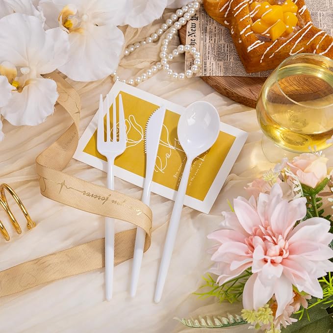 Supernal 360pcs White Plastic Silverware Heavy Duty Disposable Cutlery Set Includes White Party Knives,Plastic Forks and Spoons Suitable July 4th,Weddings & Birthday
