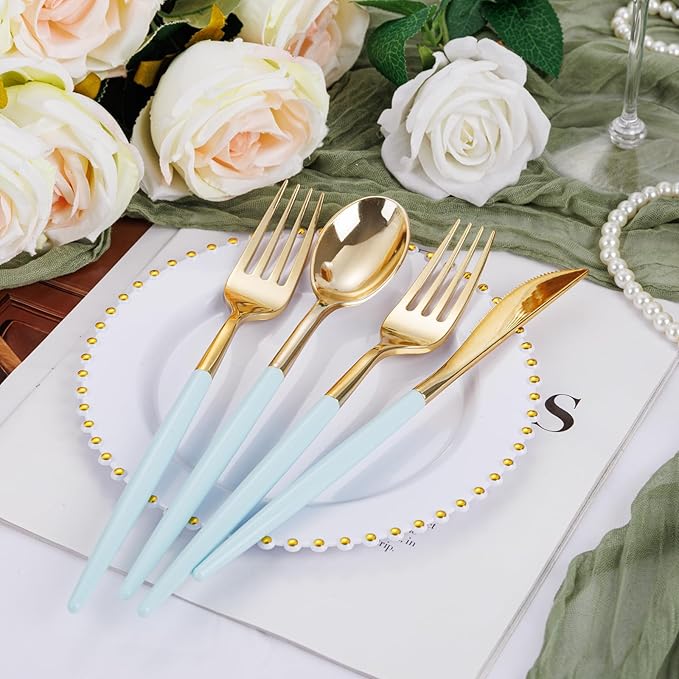 Supernal 102Pcs Mint Green Plastic Silverware,Gold Cutlery with Mint Green Handle,Gold Plastic Silverware Heavy Duty Include 34 Forks,34 Spoons and 34 Knives Prefect for Party,Wedding & Mother's Day
