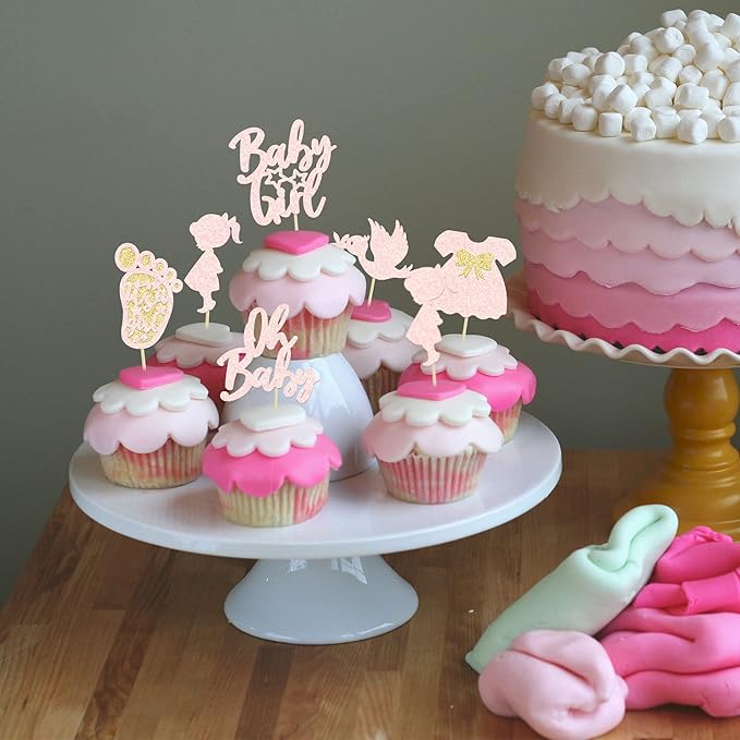 24Pcs Oh Baby Cupcake Toppers Baby Girl Cupcake Toppers with Bow Dress Footprint Swan Light Pink Glitter Babyshower Gender Reveal Cake Picks Decorations for Baby Shower Its a Girl Birthday Party