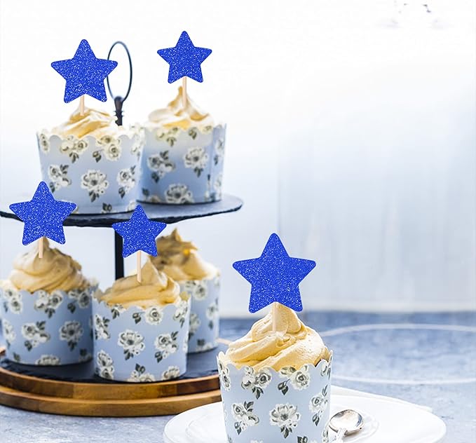 30 PCS Little Star Cupcake Toppers Glitter Twinkle Star Cupcake Picks Wedding Engagement Bridal Shower Baby Shower Birthday Party Cake Decorations Supplies Mixed Size Deep Blue