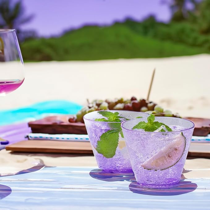 100 Purple Glitter Plastic Cups and 1 Silver Ice Tong Set - 9 Ounce Disposable Cocktail Glasses - Plastic Wine Cups - Purple Party Decorations - Purple Party Supplies