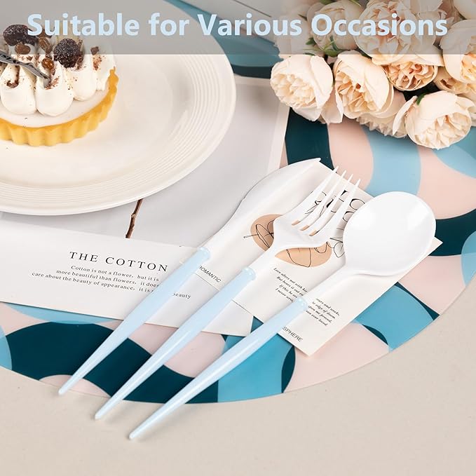 180PCS White Plastic Silverware with Blue Handle,Disposable Utensils Set Include 60 Forks,60 Knives,60 Spoons,Modern Heavy Duty Plastic Silverware Set for Party,Birthday,Wedding