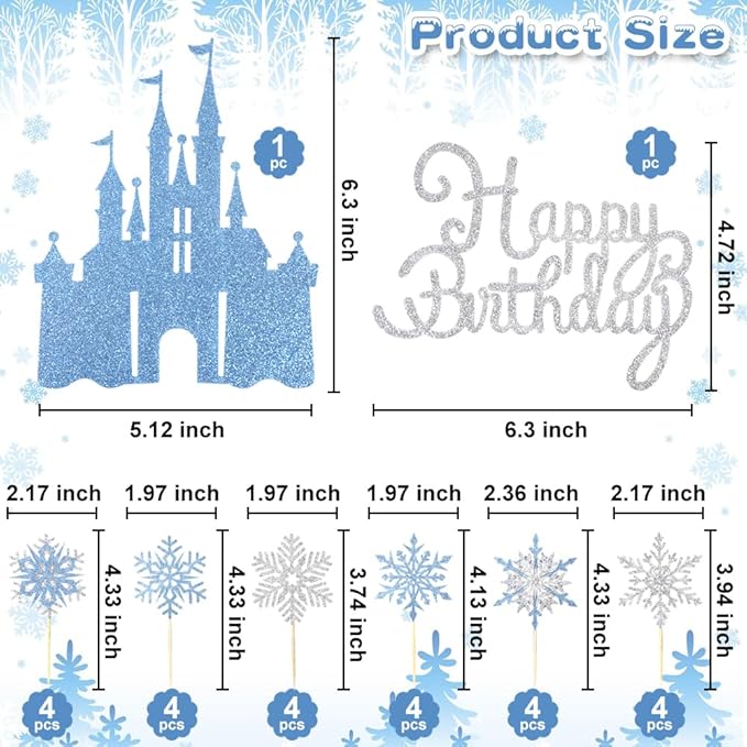 26Pcs Ice Castle Cake Toppers Double Layer Silver Blue Snowflake Cupcake Toppers Winter Wonderland Cake Decorations for Princess Happy Birthday Baby Shower Party Supplies