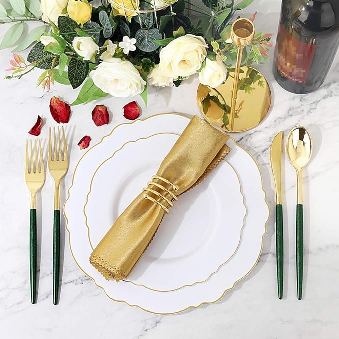 Supernal 180pcs Gold and Green Plastic Silverware Extra Heavy Duty Gold Plastic Cutlery with Green Glitter Handle Disposable Flatware for Parties, Weddings, and Outdoor Events