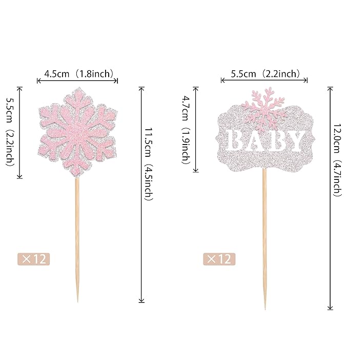 ZHUOWEISM 24 PCS Snowflake Baby Cupcake Toppers Glitter Winter Shower Picks Decorations for Theme Boy Kids Birthday Christmas Party Supplies Pink, Pattern 4 Silver+pink
