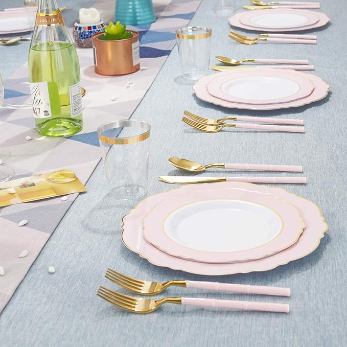 WDF 180Pieces Gold Plastic Silverware-Gold Plastic Cutlery with Pink Handle- Heavyweight Disposable Flatware-Disposable Utensils Include 60 Forks,60 Spoons,60 Knives for Wedding/Party