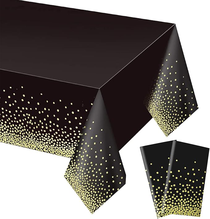 Gexolenu 2 Pack Premium Black and Gold Disposable Plastic Tablecloth for Rectangle Tables(54" x 108"), Disposable Waterproof Table Cover for Birthday, Graduation, Gold Table Cloths Party Supplies