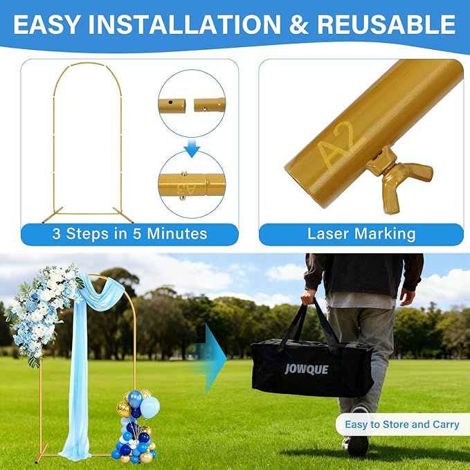 Heavy Duty Metal Arch Backdrop Stand, 7.2FT, 6.6FT, 6FT Set of 3 Gold Arch Stand with Ground Stakes and Water Bags, Balloon Arch Stand for Wedding Party Baby Shower Photo Flower Arch Decration