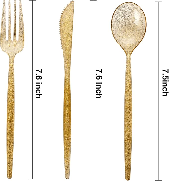 Supernal 180pcs Gold Plastic Silverware Durable Plastic Silverware Gold Glitter Color Party Cutlery Disposable Flatware Heavy Duty Include 60 Forks,60 Knvies,60 Spoons for Wedding,Birthday